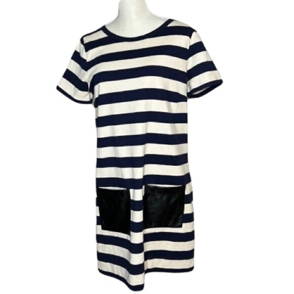 J. Crew Light Tan & Blue Striped Dress w/Faux Leather Pockets - Medium - Picture 1 of 7